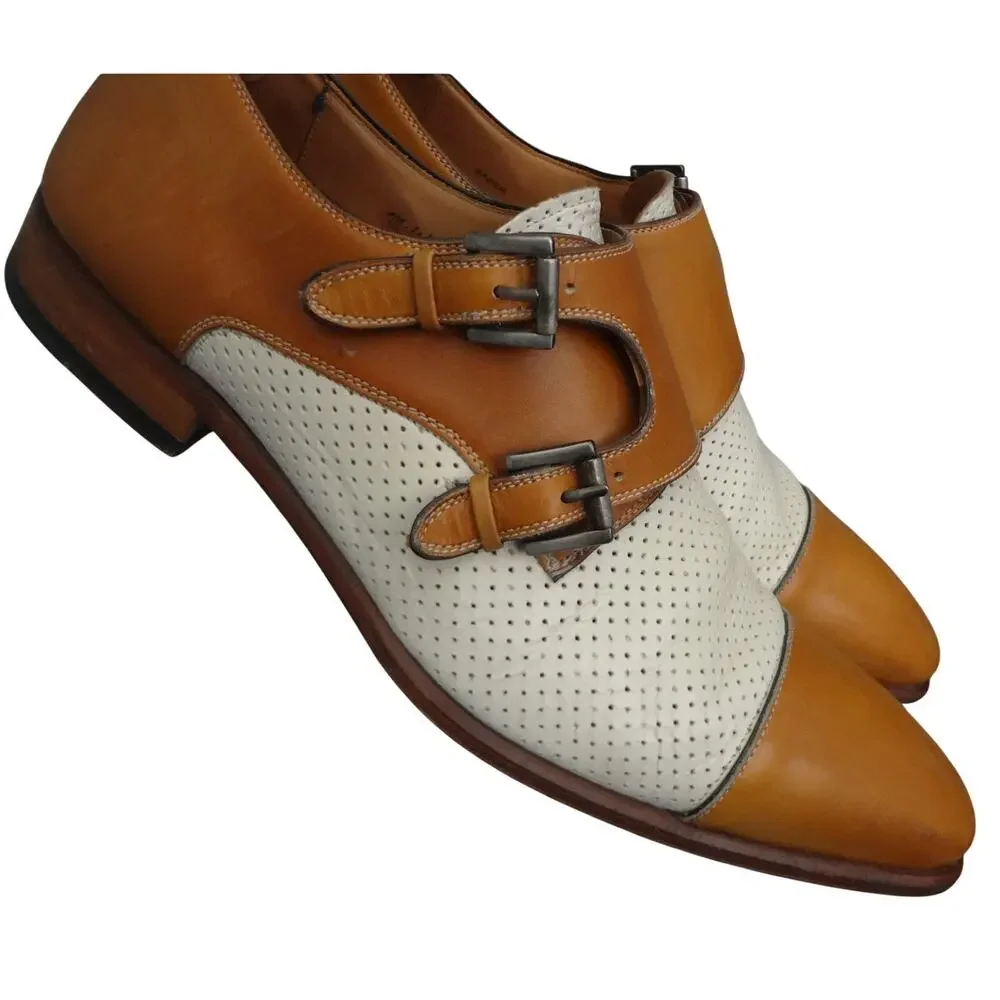 Mezlan Saber Tan White Monk Strap Dress Shoe Cap Toe Perforated Two Tone Mens 9
